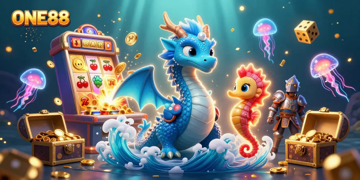 Experience the excitement of ONE88 with a vibrant 3D scene of jackpots and mystical sea creatures.