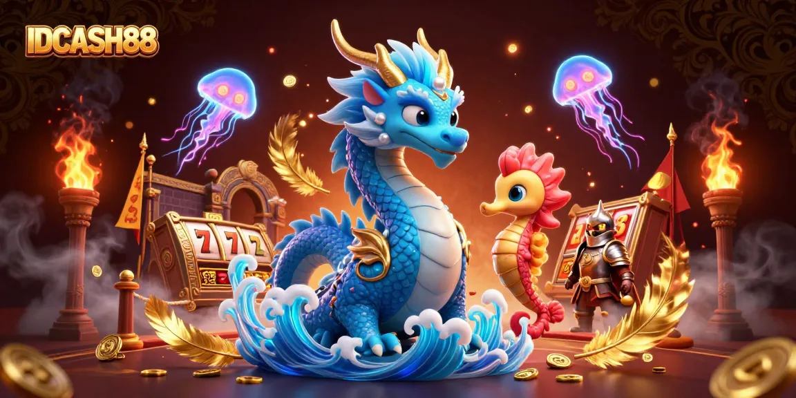 Engage with IDCASH88 through thrilling slots and a majestic ocean-themed illustration.