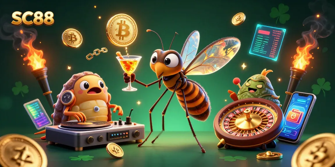 SC88 offers an engaging scene with a frozen mosquito mascot, fossil DJ, and roulette wheel in a vibrant casino world.
