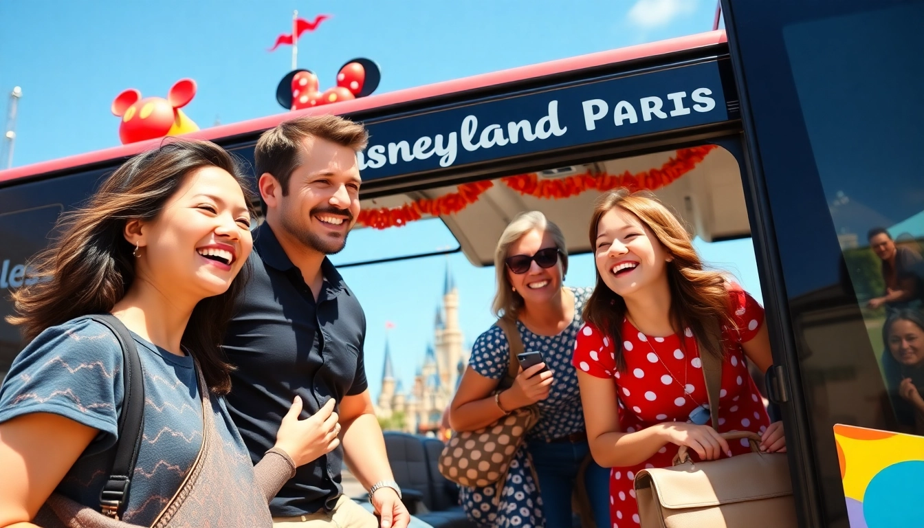 Family enjoying seamless disneyland paris transfers boarding a shuttle bus excitedly.