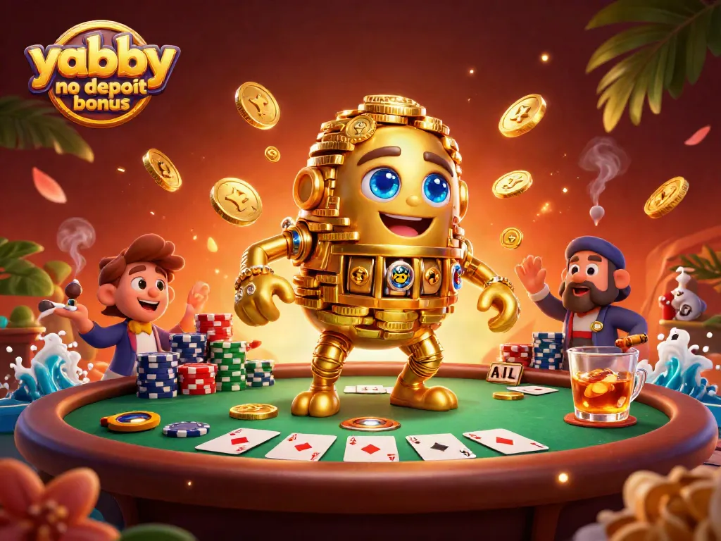 Play with the yabby no deposit bonus at a vibrant casino scene showcasing golden golem characters.