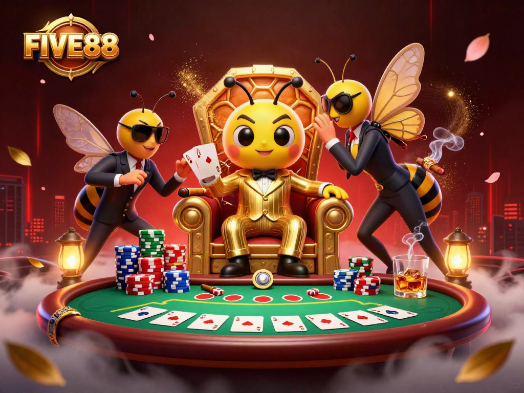 Experience high-stakes poker action with FIVE88 as illustrated by a cartoon mob boss and vibrant gaming elements