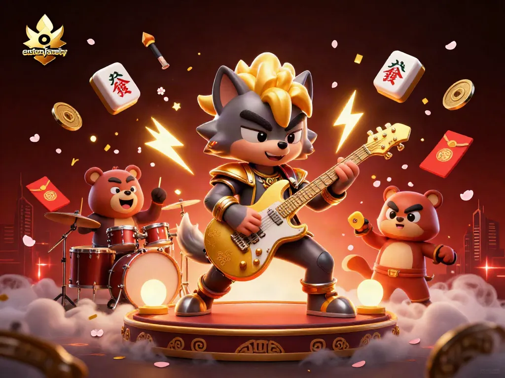 Jump into the excitement of custom jewelry with a rock star wolf and bear duo performing in a lively casino scene.