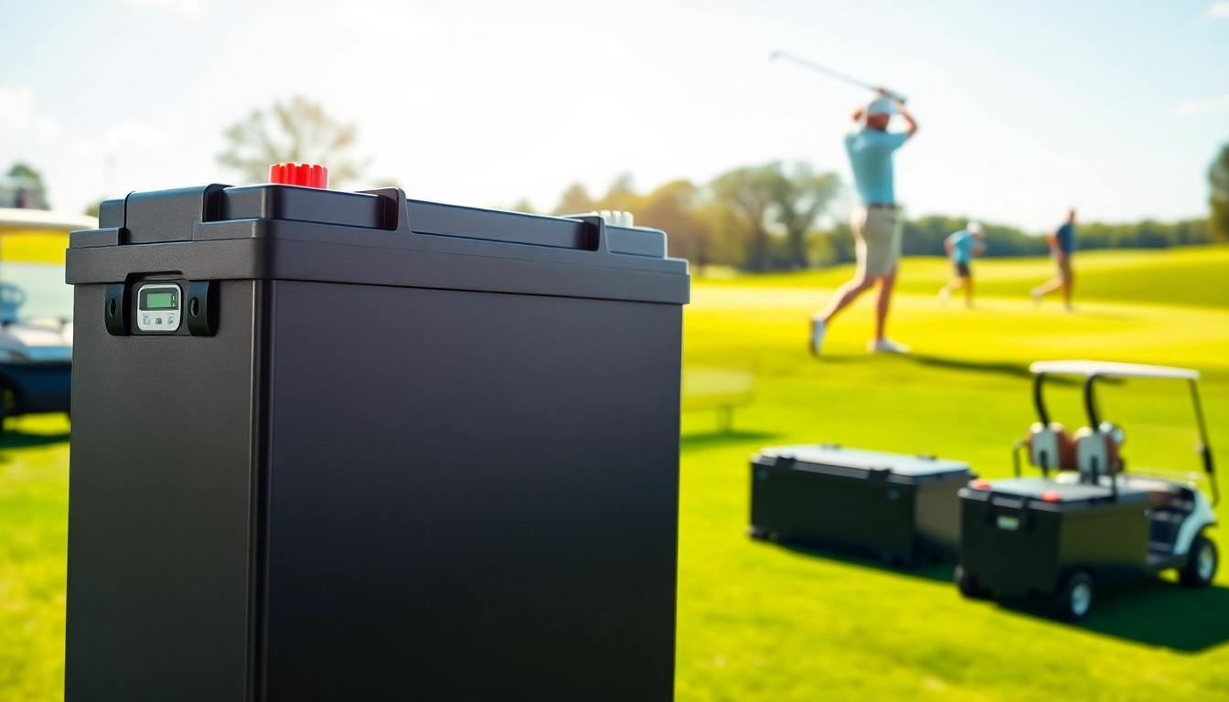 Showcase of lithium golf cart batteries in vibrant golf course setting, emphasizing efficiency and modern design.
