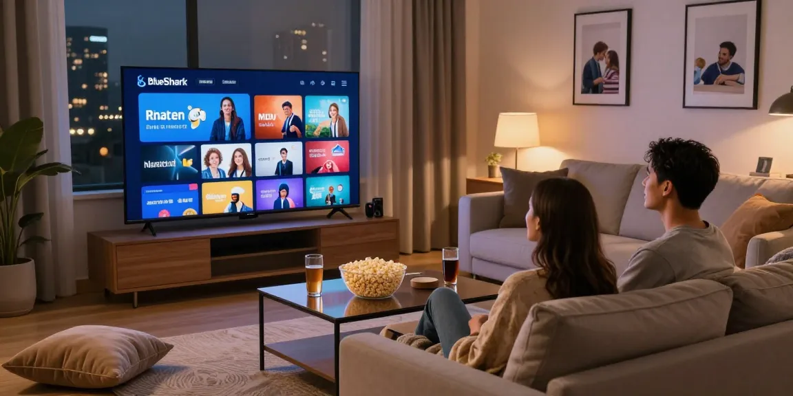 Couple enjoying a movie night using BlueShark IPTV on a Smart TV in a cozy living room.