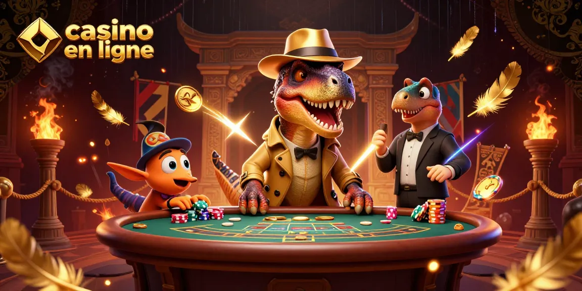 Plongez dans le monde du casino en ligne avec cette illustration animée de poker, intégrant un velociraptor et des éléments vibrants.