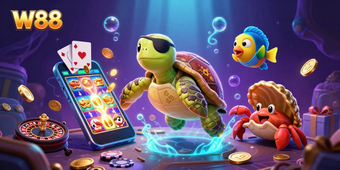 W88 reveals exciting slot adventures with pirate turtle, crab, and parrotfish in a colorful casino scene.