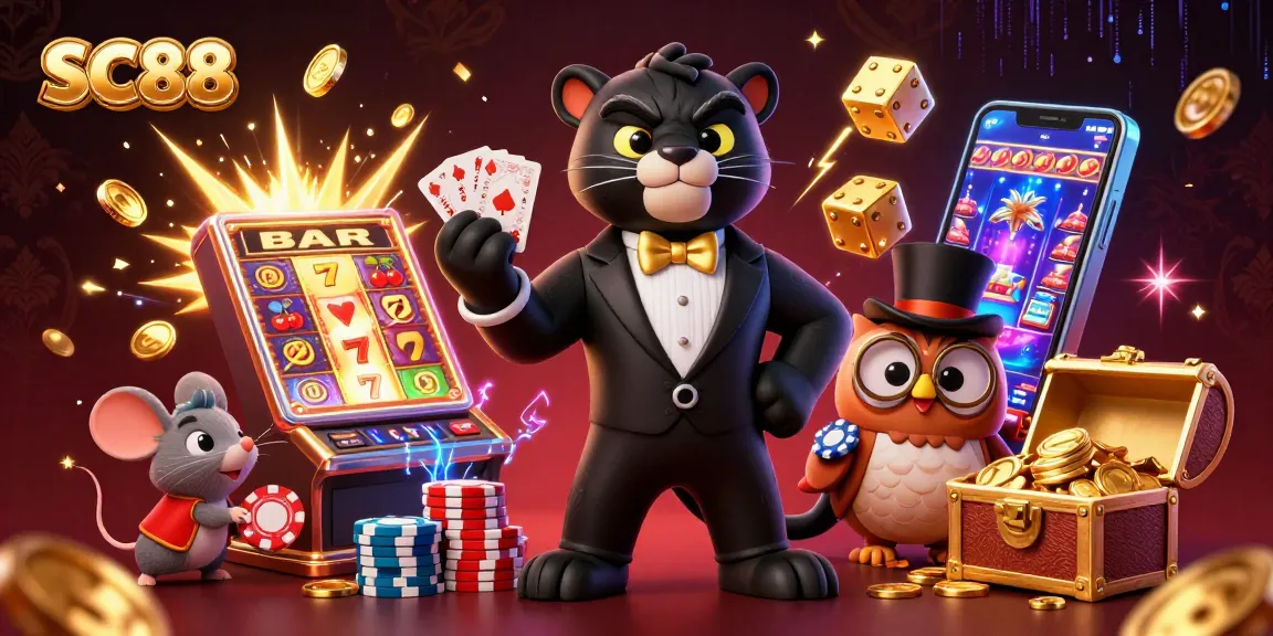 SC88 showcases a panther dealer, owl with poker chips, and lucky mouse amid slot game excitement.