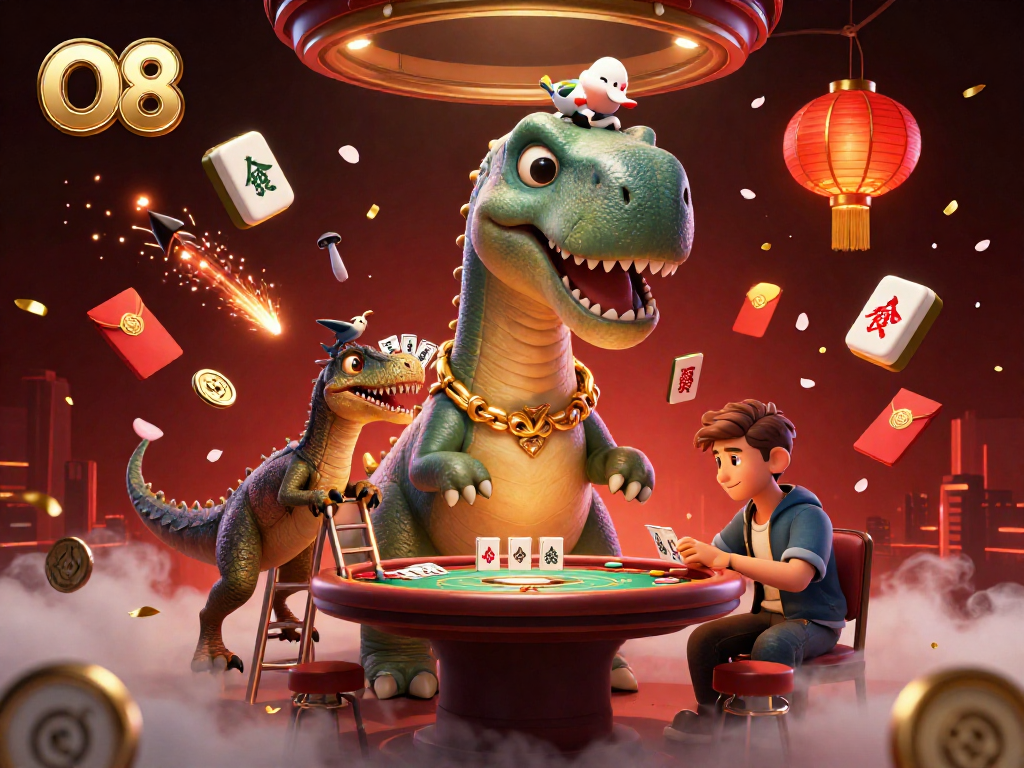Join O8's vibrant 3D cartoon scene with a playful dinosaur and raptor dealer at a lively casino!