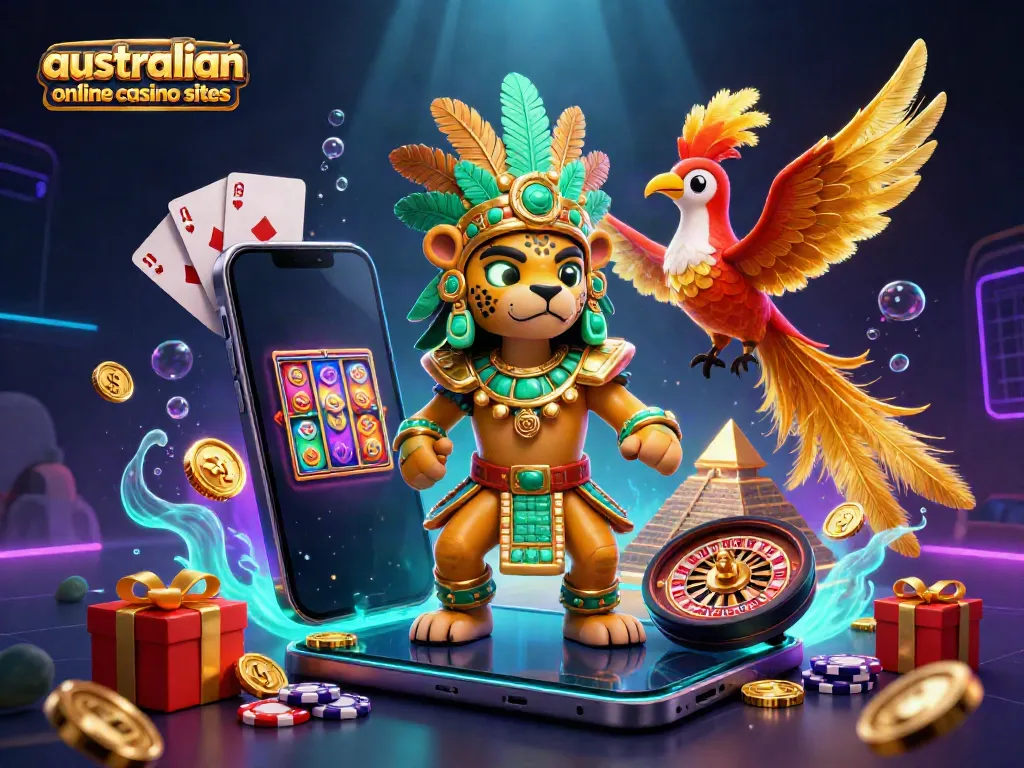 Experience the excitement of australian online casino sites with vibrant characters and casino elements in a dynamic scene.