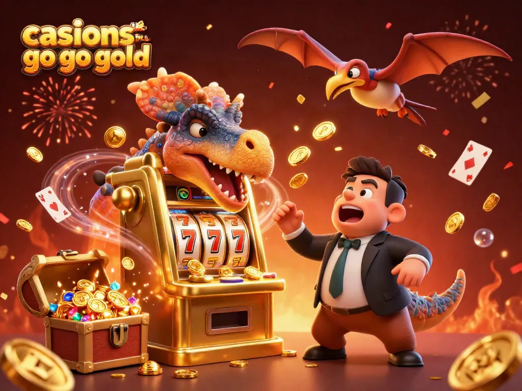 Engage in exciting gameplay with casinos like Go Go Gold as pachycephalosaurus and pteranodon celebrate jackpot wins.