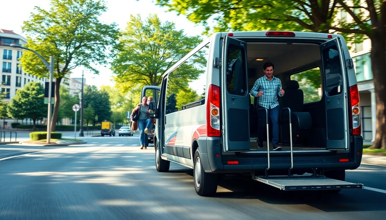 Experience professional disability transport services with accessible vehicles in a vibrant urban setting.