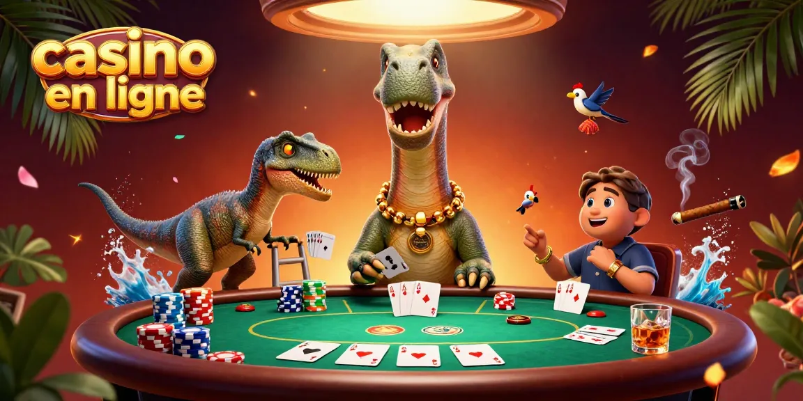Plongez dans l'univers du casino en ligne avec un brontosaure croupier et une carte gagnante.