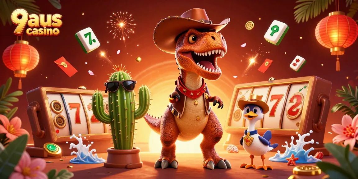 Spin to win big at the 9aus casino, showcased in a vibrant and playful 3D illustration with dynamic casino elements.
