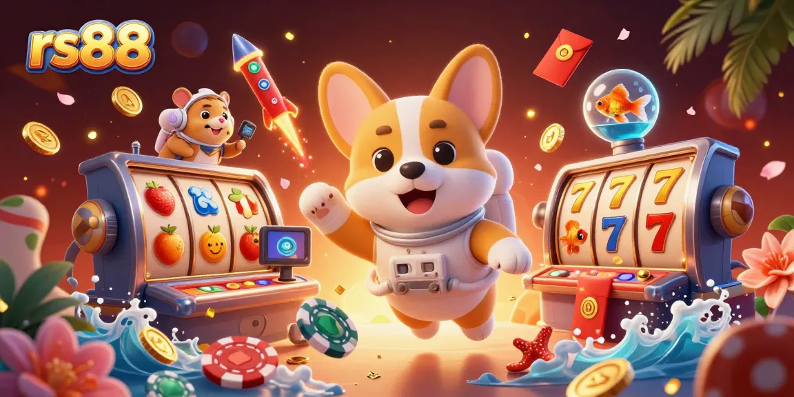 Engage with rs88's thrilling casino experience featuring 3D corgi and vibrant slot reels.