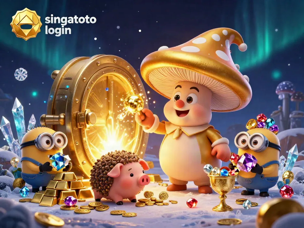Engage in the thrill of singatoto login with a magical 3D illustration showcasing a golden mushroom wizard and treasure.