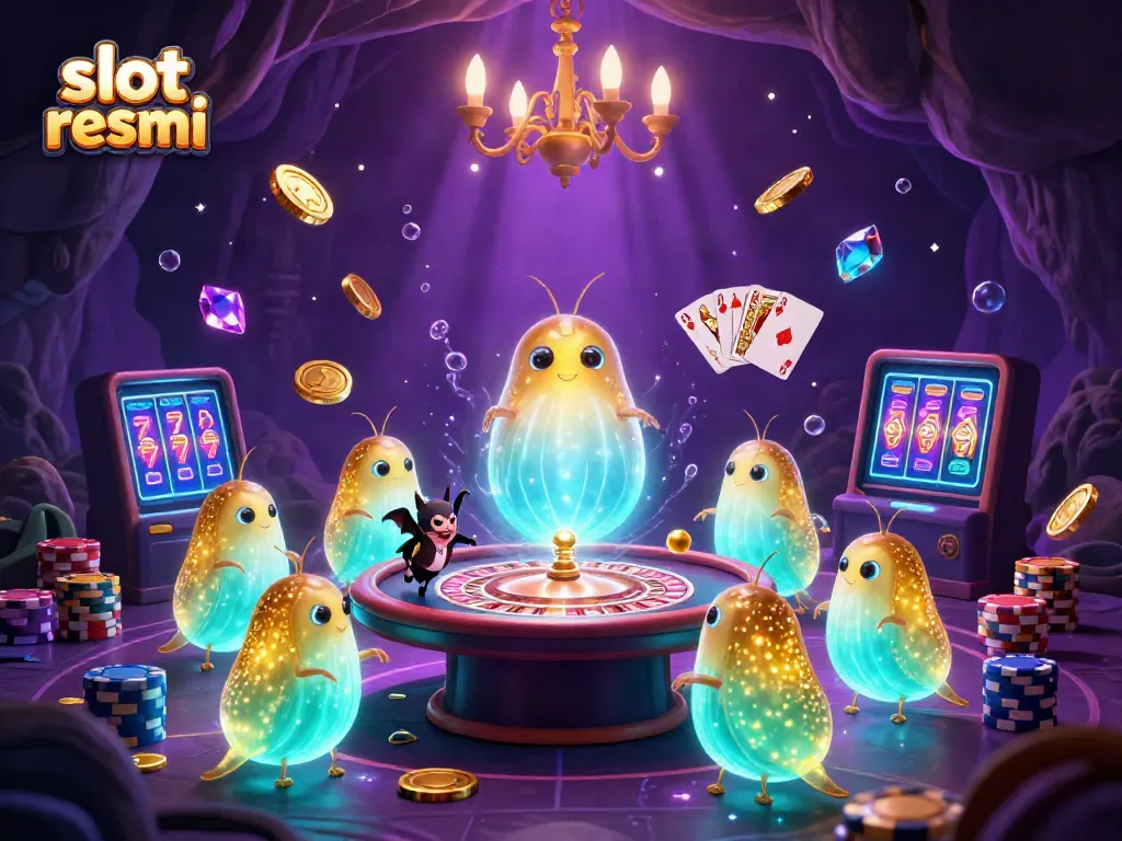 Experience the thrill of slot resmi in a lively casino scene with glowing characters and dynamic gaming elements.