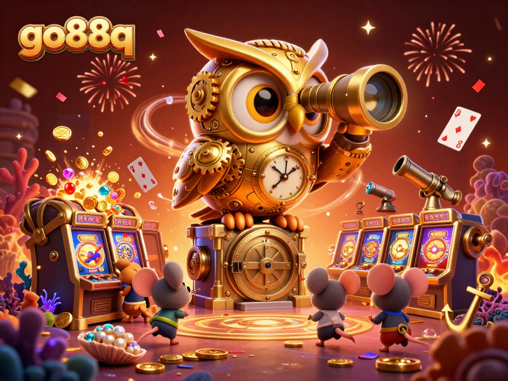 Experience excitement at go88q with a cartoon owl overseeing a vibrant casino scene.