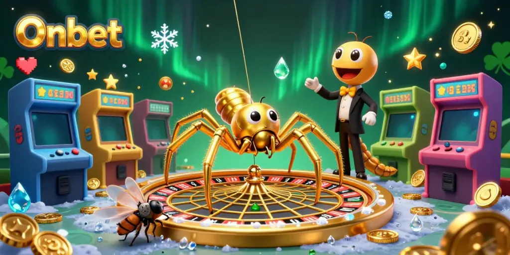 Place bets at Onbet as a golden spider spins a roulette wheel in a vibrant, 3D illustration.