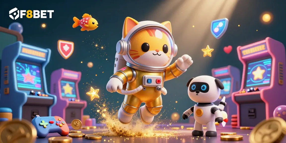 Engage with F8BET through a vibrant casino space scene featuring gaming elements and characters.