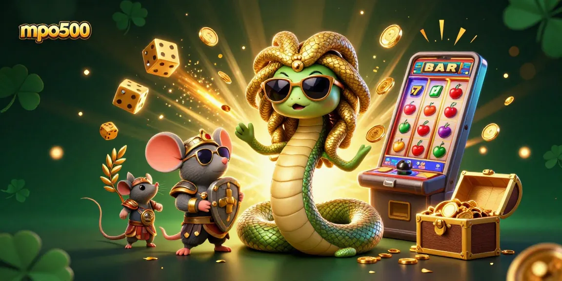Spin the reels at mpo500 with Medusa and a warrior mouse surrounded by jackpot symbols and slot machines.