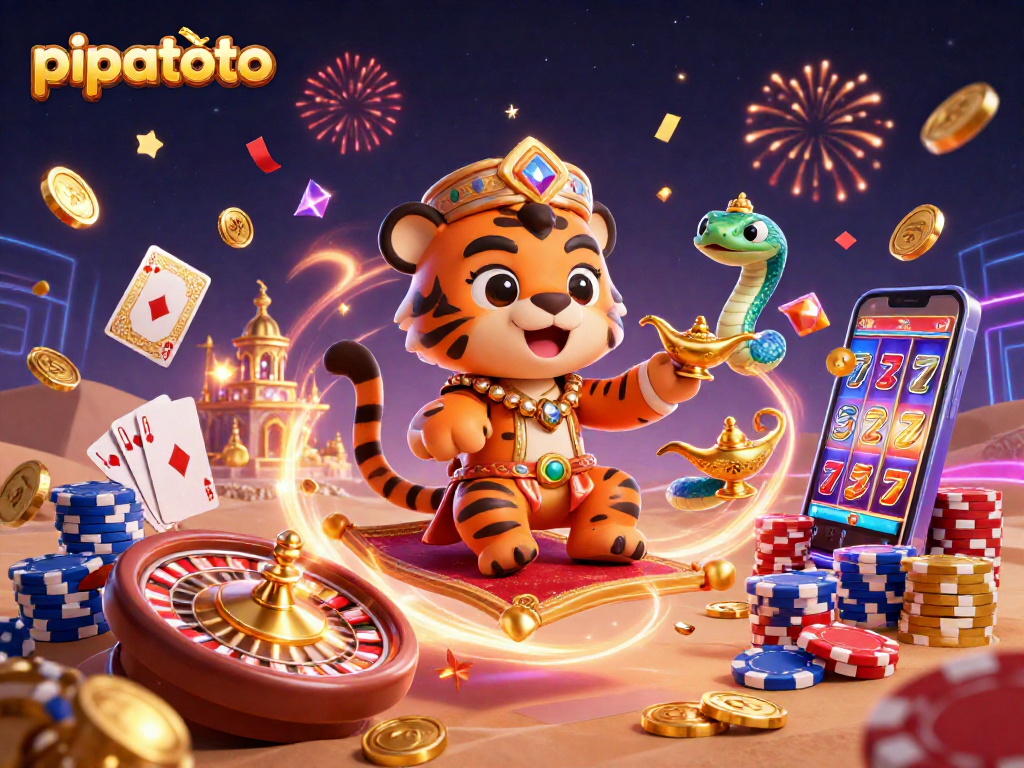 Experience the excitement of pipatoto with vibrant gaming elements like golden coins and slot reels in a dynamic scene.