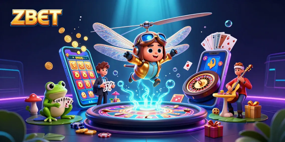 ZBET offers exhilarating gameplay with a dragonfly pilot, frog croupier, and vibrant casino elements in a dynamic illustration.