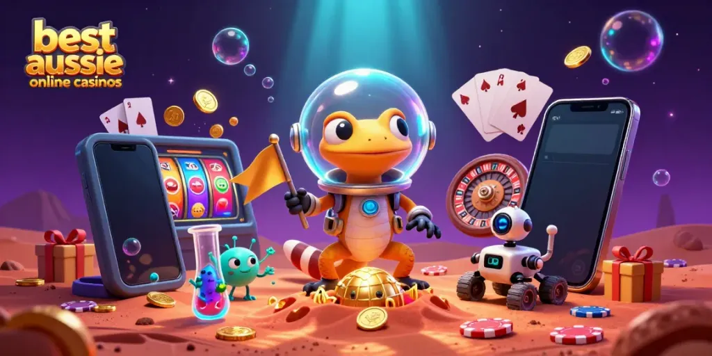Experience the excitement of the best Aussie online casinos with a Martian gecko, golden casino, and vibrant gaming elements.