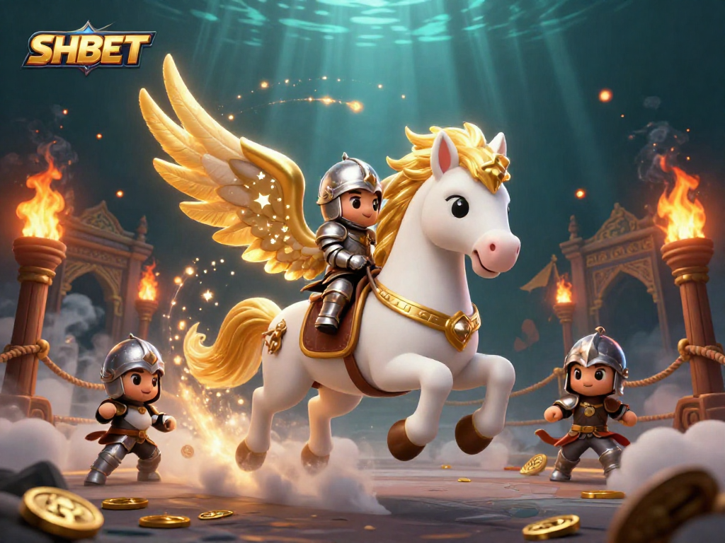 Experience SHBET excitement with a celestial horse and knight in a rich gambling scene.