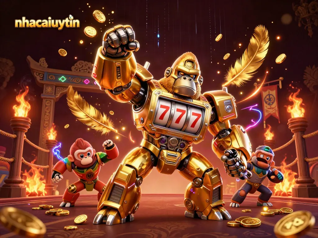 Experience thrilling action at nhacaiuytin with a dynamic scene featuring a gorilla mech and explosive coins.