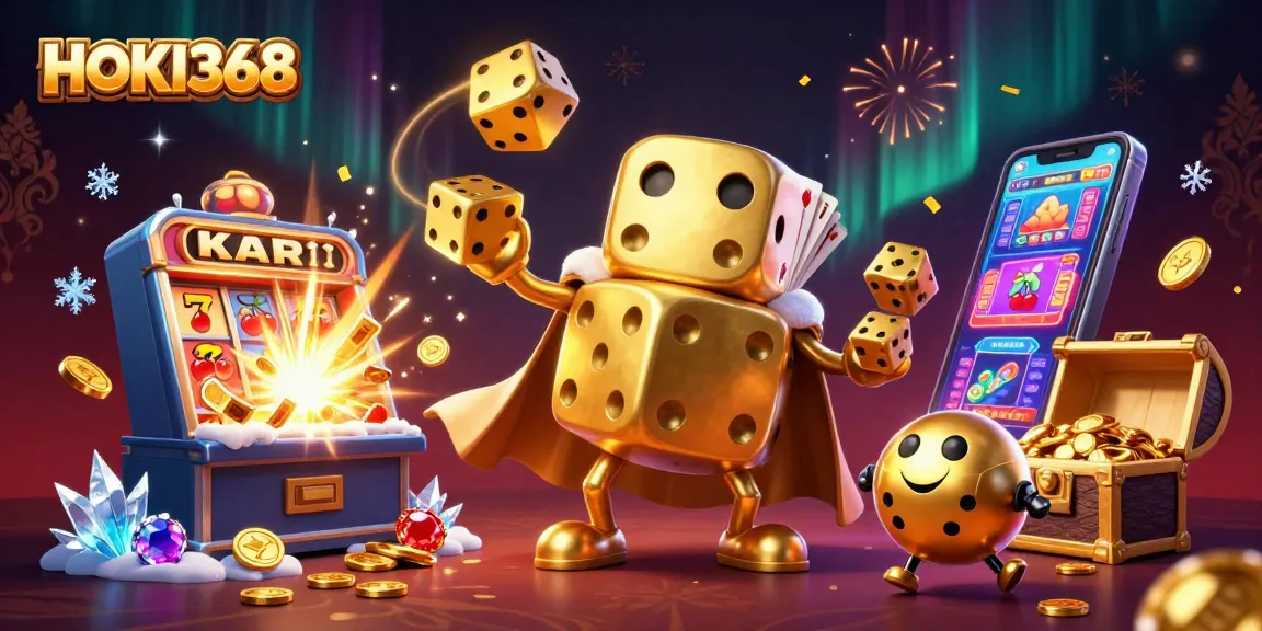 Experience HOKI368 with a vibrant 3D casino scene bursting with golden dice, jackpots, and roulette excitement.