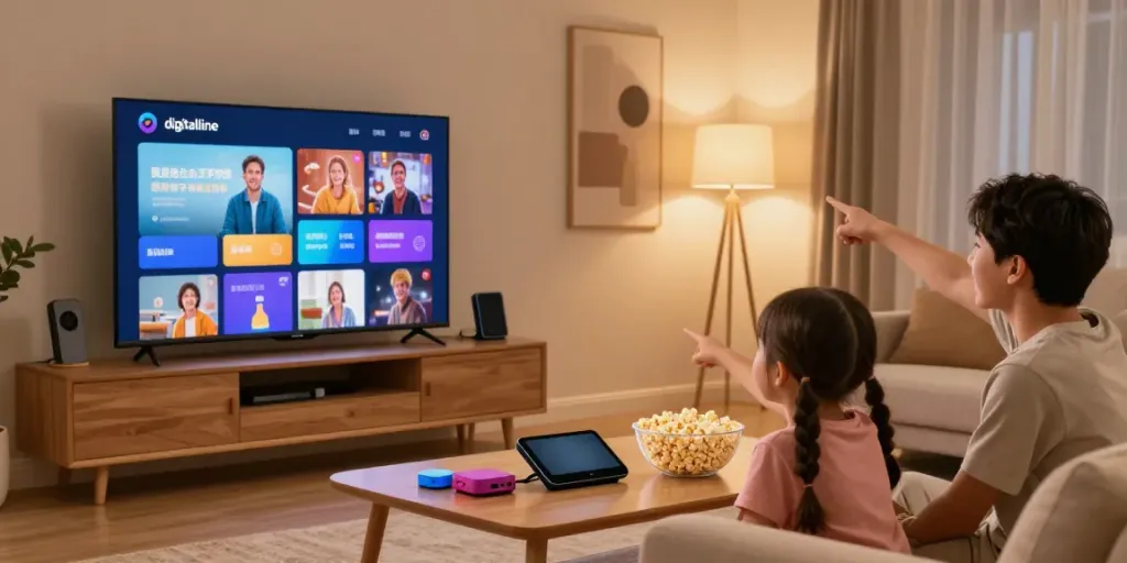 Family enjoying movie night with digitaline iptv streaming service in cozy living room.