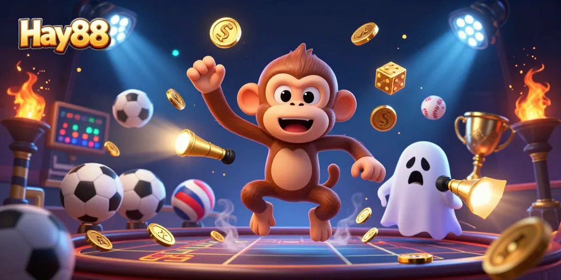 Experience the excitement of Hay88 with our vibrant scene featuring casino elements and a playful ghost-hunting puppy.