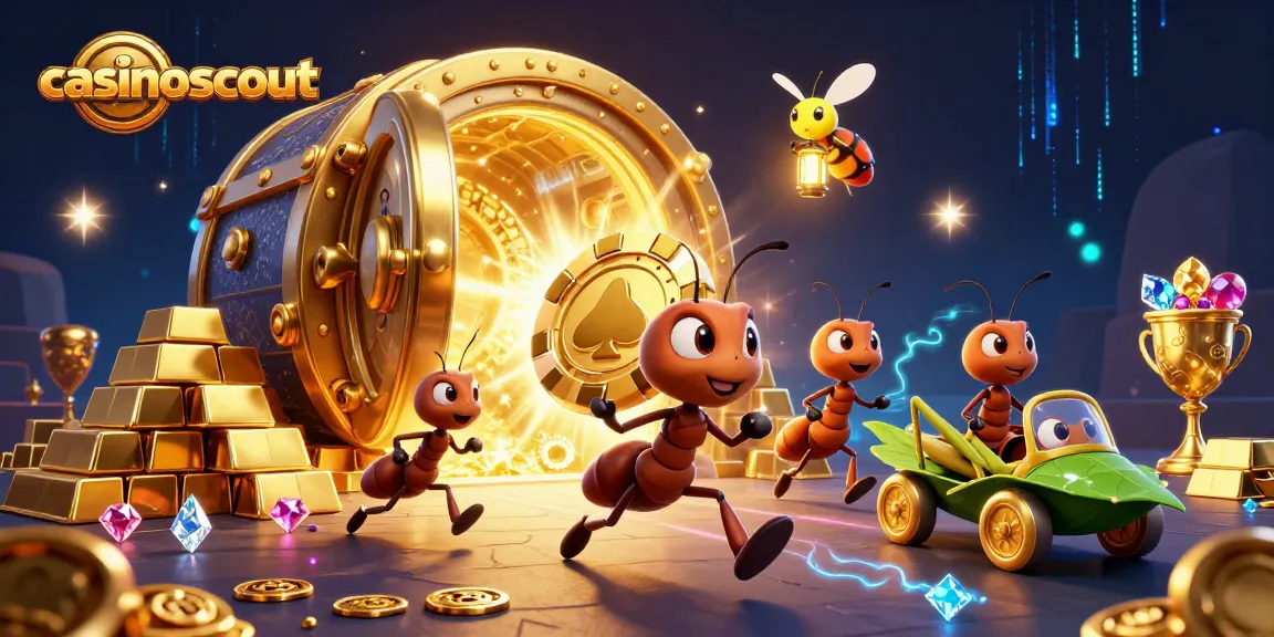 Ants executing a heist at casinoscout, running with a giant poker chip amidst treasures and glowing gems.