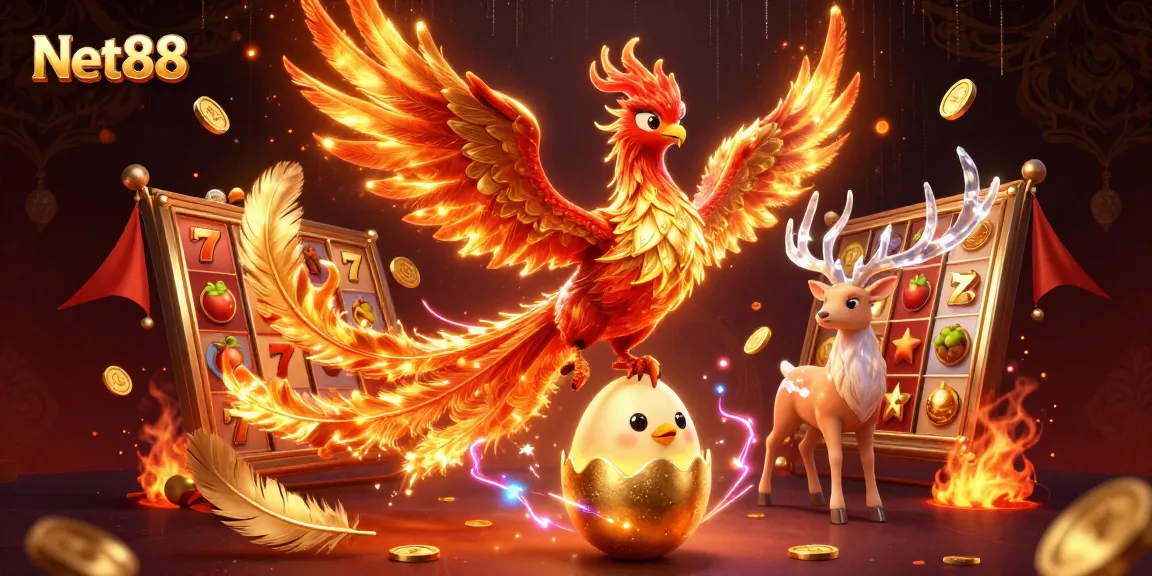 Experience thrilling gameplay with Net88 as a majestic phoenix soars among slot reels.
