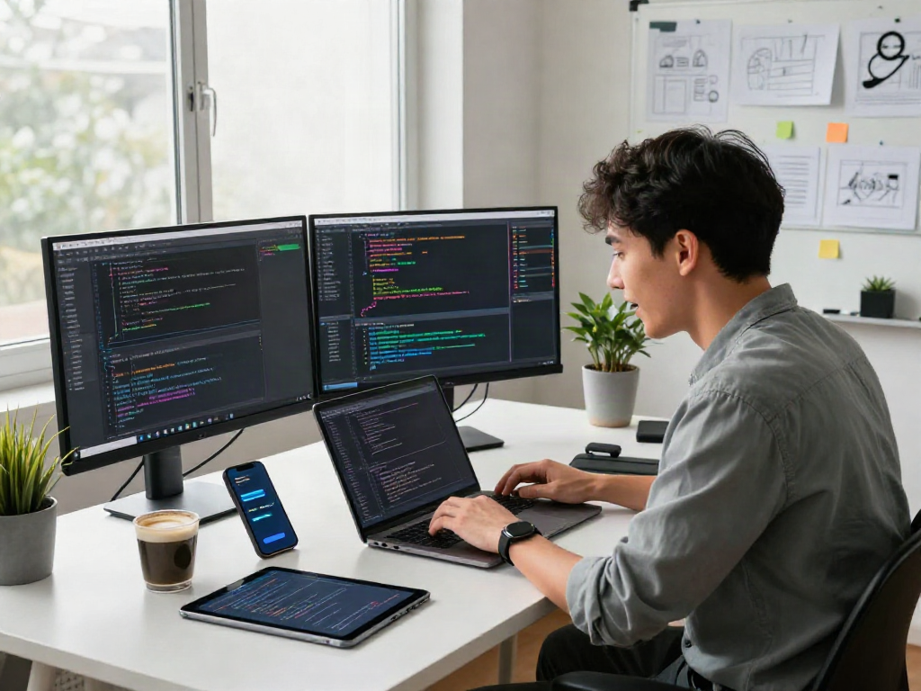 Developer coding with pikashow apk on dual monitors in a modern workspace