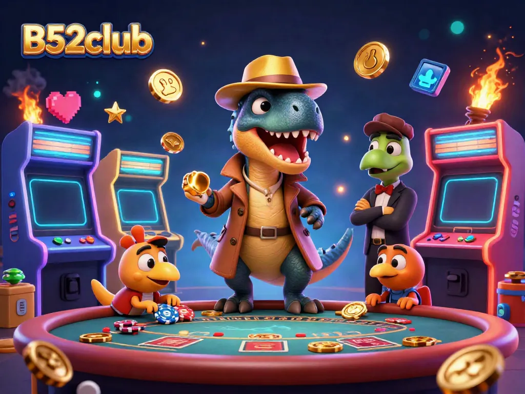 Experience thrilling gameplay at B52club with cartoon characters in a vibrant casino setting.