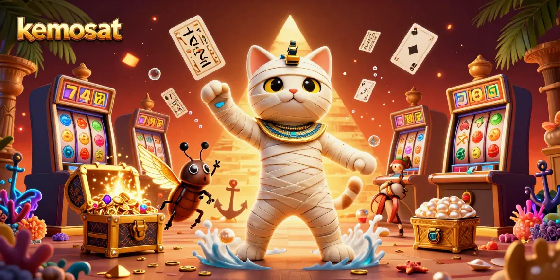 Engage with kemosat's vibrant casino-themed illustration featuring a mummy cat and golden cards.