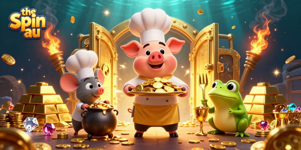 The spin au showcases a whimsical scene with a cartoon chef pig presenting gold coins in an enchanted casino.
