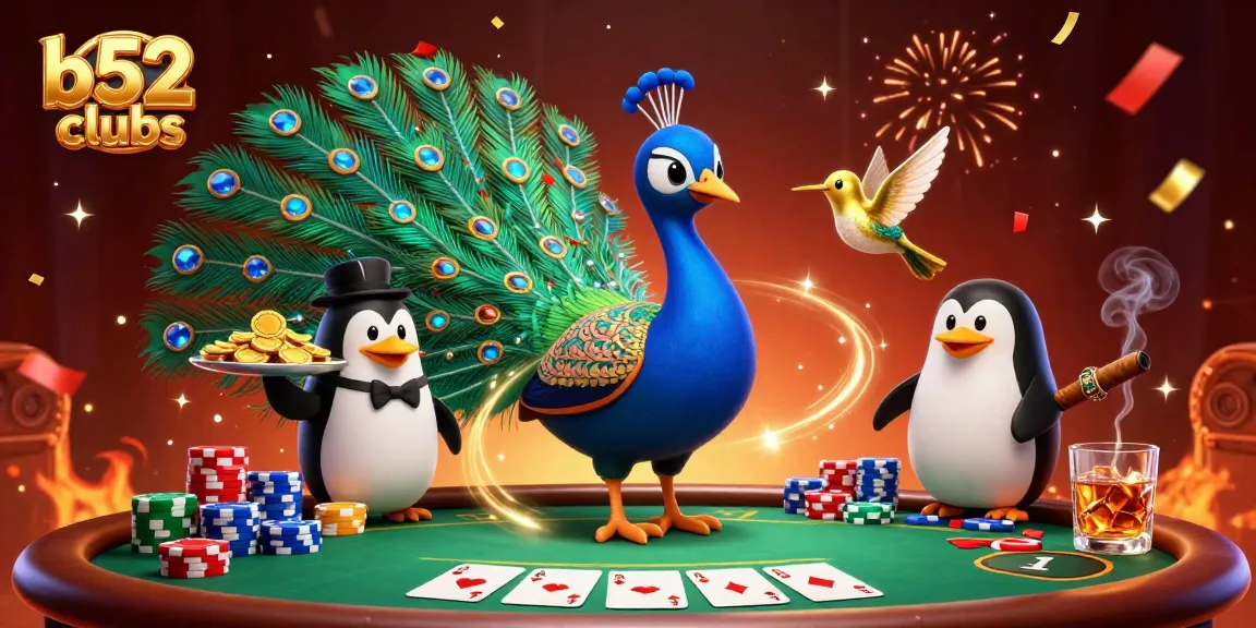 Experience the excitement of b52clubs with a cartoon peacock at a dynamic poker scene.