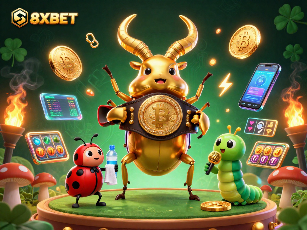 Engage with 8XBET's vibrant casino action featuring a golden stag beetle and ladybug corner-man.