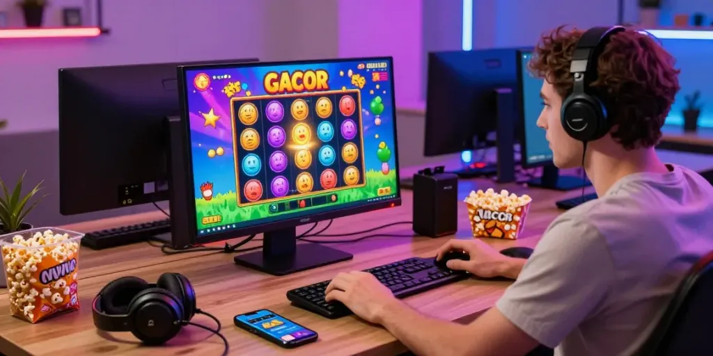 Engaging player enjoying slot gacor game in lively home office.