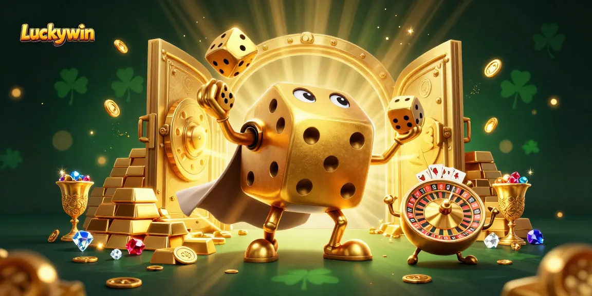 Luckywin dice golem juggling golden dice, symbolizing excitement in online gambling.