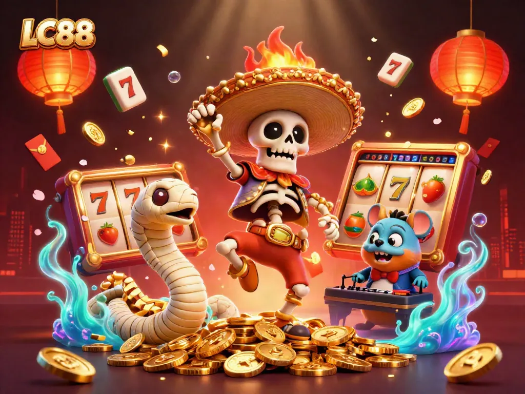 LC88 showcases a lively casino scene with a dancing mariachi rooster and gold coins.