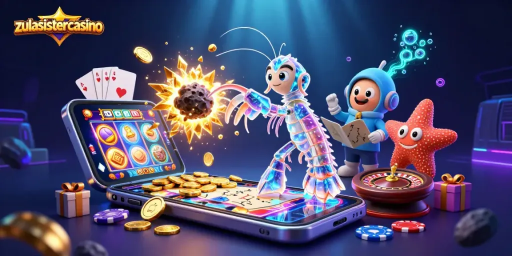 Play thrilling casino games with zulasistercasino using colorful slot games and glowing coins.