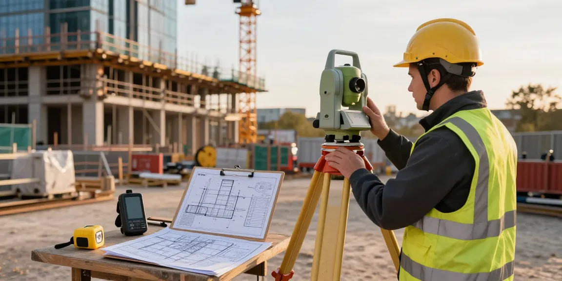 Topographical surveys London & Surrey at an urban construction site, showcasing a surveyor using advanced surveying equipment.