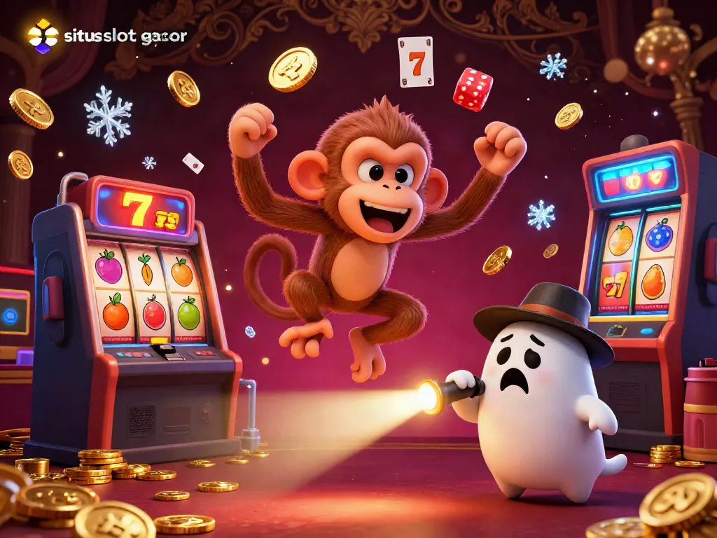 Experience the excitement of situs slot gacor with a playful monkey juggling golden coins in a lively casino scene.