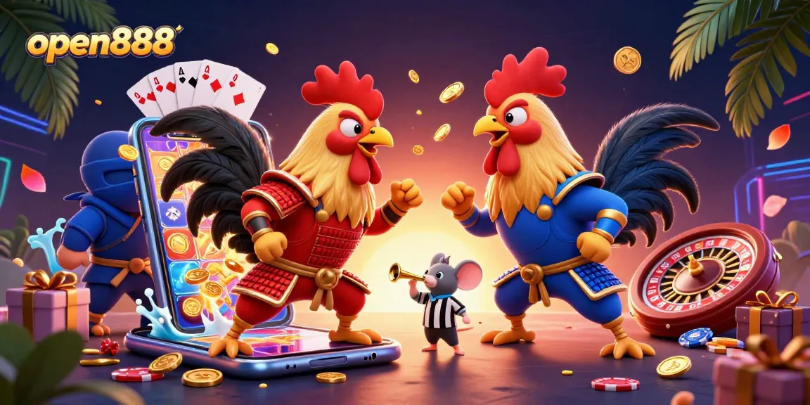 Experience the excitement of open888 with cartoon roosters standoff amidst vibrant casino elements.