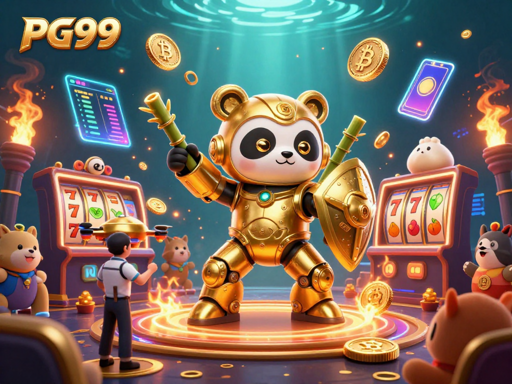 Engage with PG99 by spinning themed slot reels in a vibrant casino arena featuring unique characters and crypto elements.