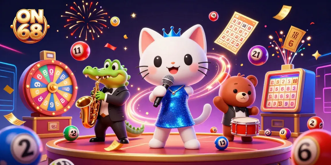 Experience ON 68 at the vibrant casino scene with jazz-singer cat and exciting game elements.
